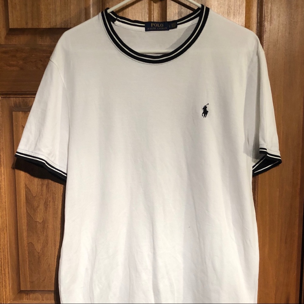 White polo shirt with black collar & arm detail